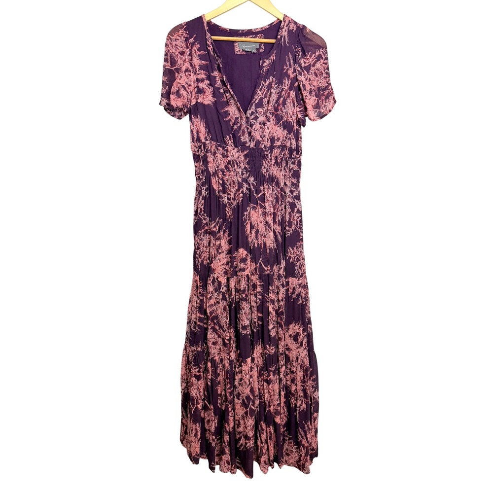 Anthropologie Somerset Dress Purple Pink Floral Smocked Waist Tiered Maxi Small